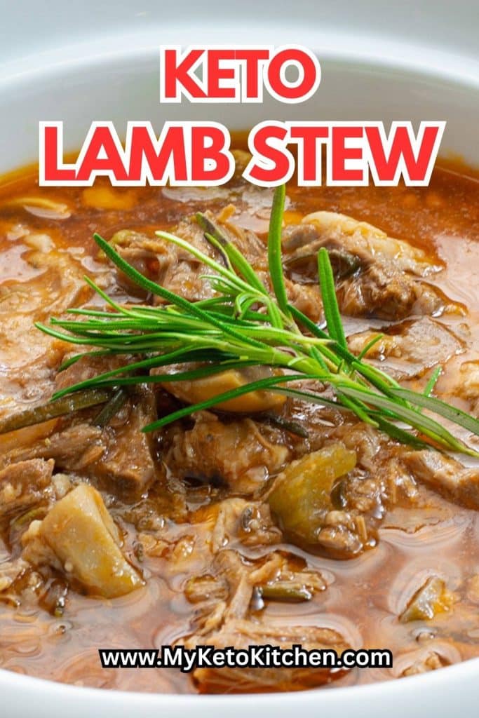 Keto lamb stew in a white bowl.