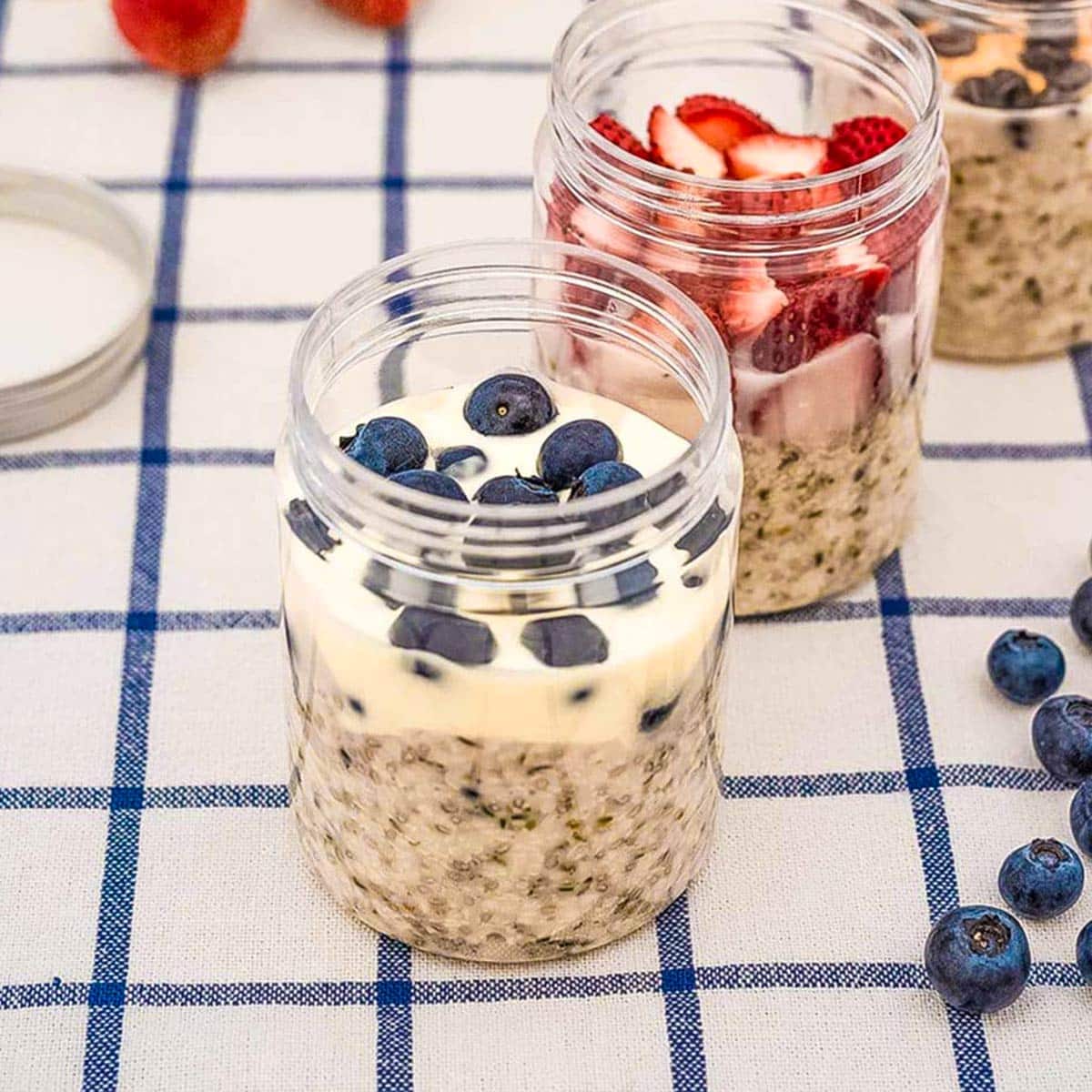 Keto chia seed overnight oats in a mason jar.