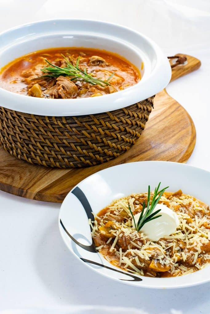 Keto lamb stew in a serving bowl and dish.