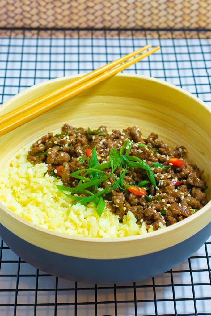 Keto sticky ground beef with cauliflower rice.