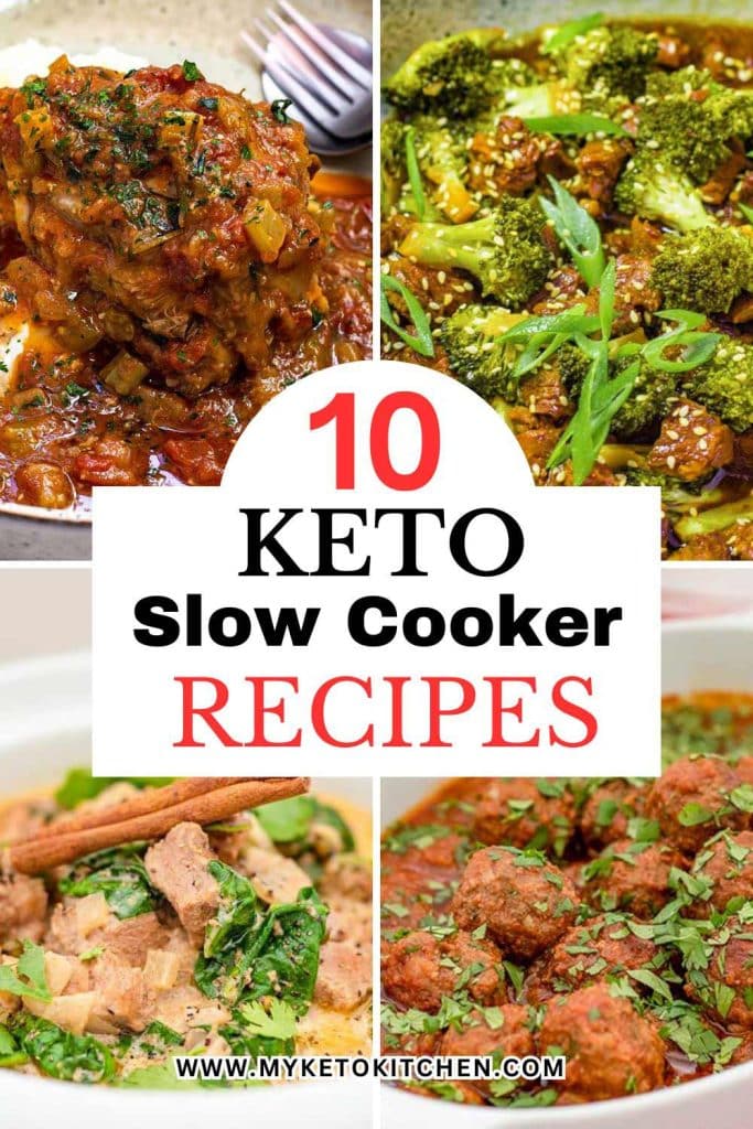 Four images of keto slow cooker recipes. Lamb shanks, beef and broccoli, pork stew, and Moroccan meatballs.
