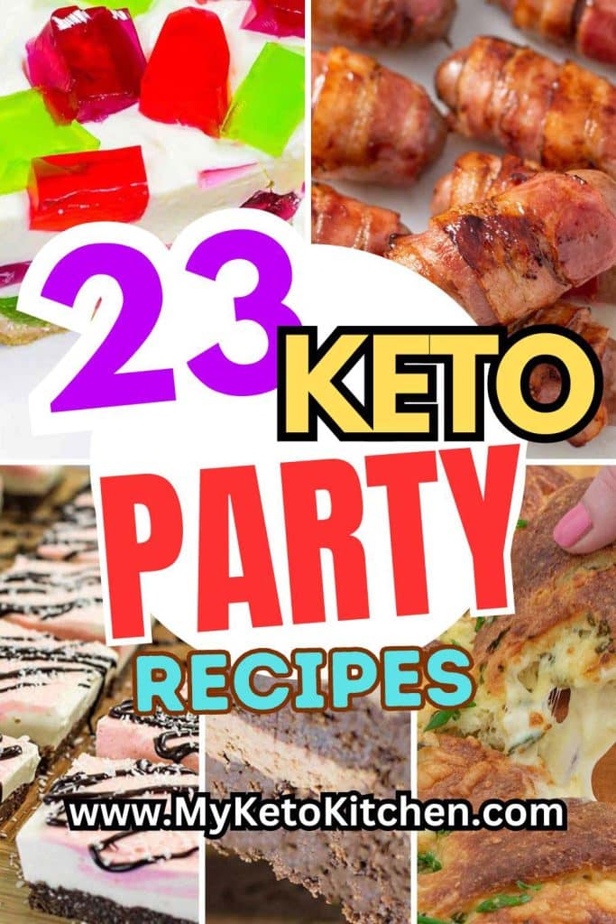 Five images of keto party recipes. Pigs in blanket, jello cake, cherry slice, chocolate cake, and pull apart bread.