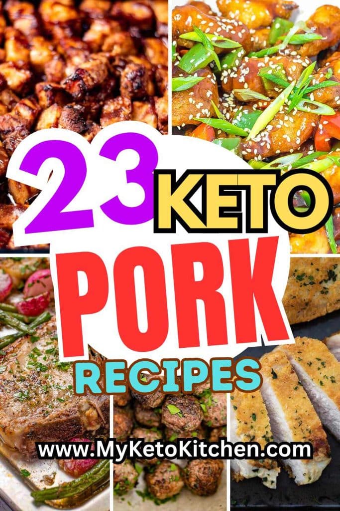 Five images of keto pork recipes. Pork chops, meatballs, sweet and sour pork, parmesan pork and pork belly bites.