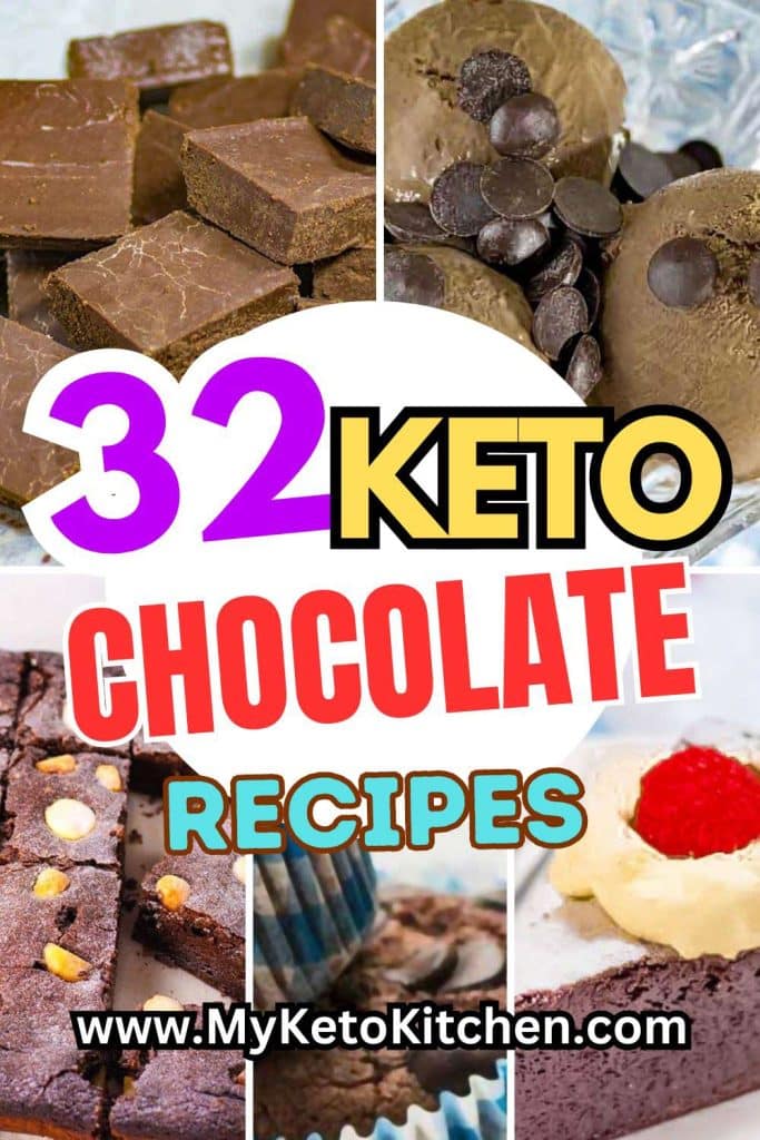 Five images of keto chocolate recipes. Keto ice cream, keto brownies, flourless chocolate cake, chocolate muffins and keto fudge.