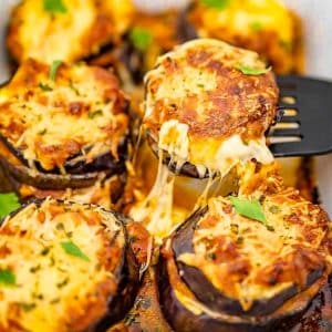 Eggplant and cheese bake in a baking dish.