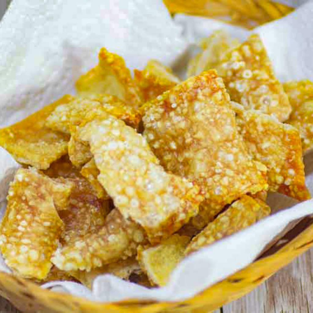 Pork rinds in a wicker basket.