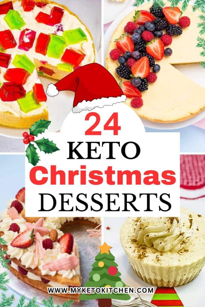 Four keto Christmas desserts. Cheesecake, eggnog cake, cookie cake, and jello cheesecake.