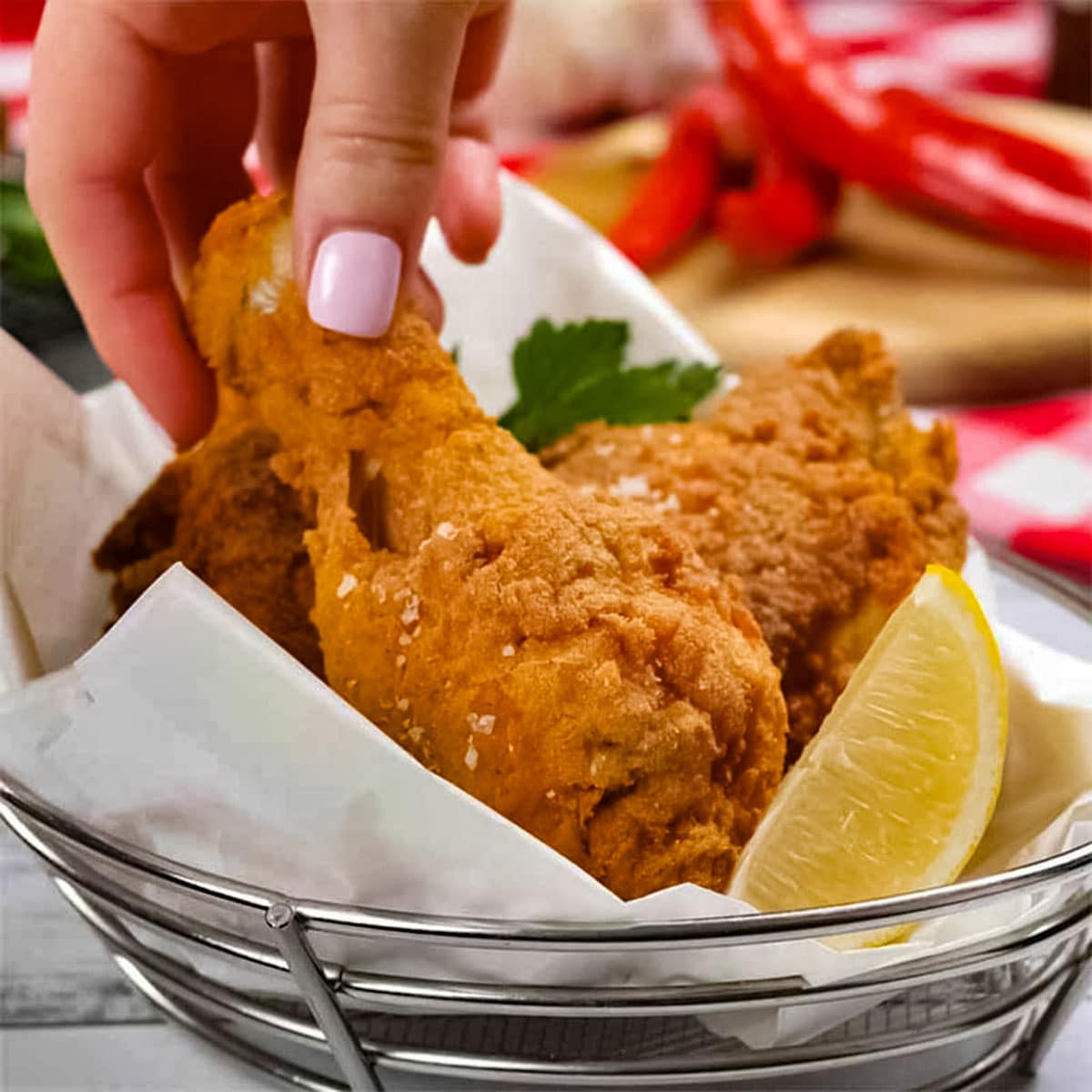 Hot and spicy keto chicken in a basket.