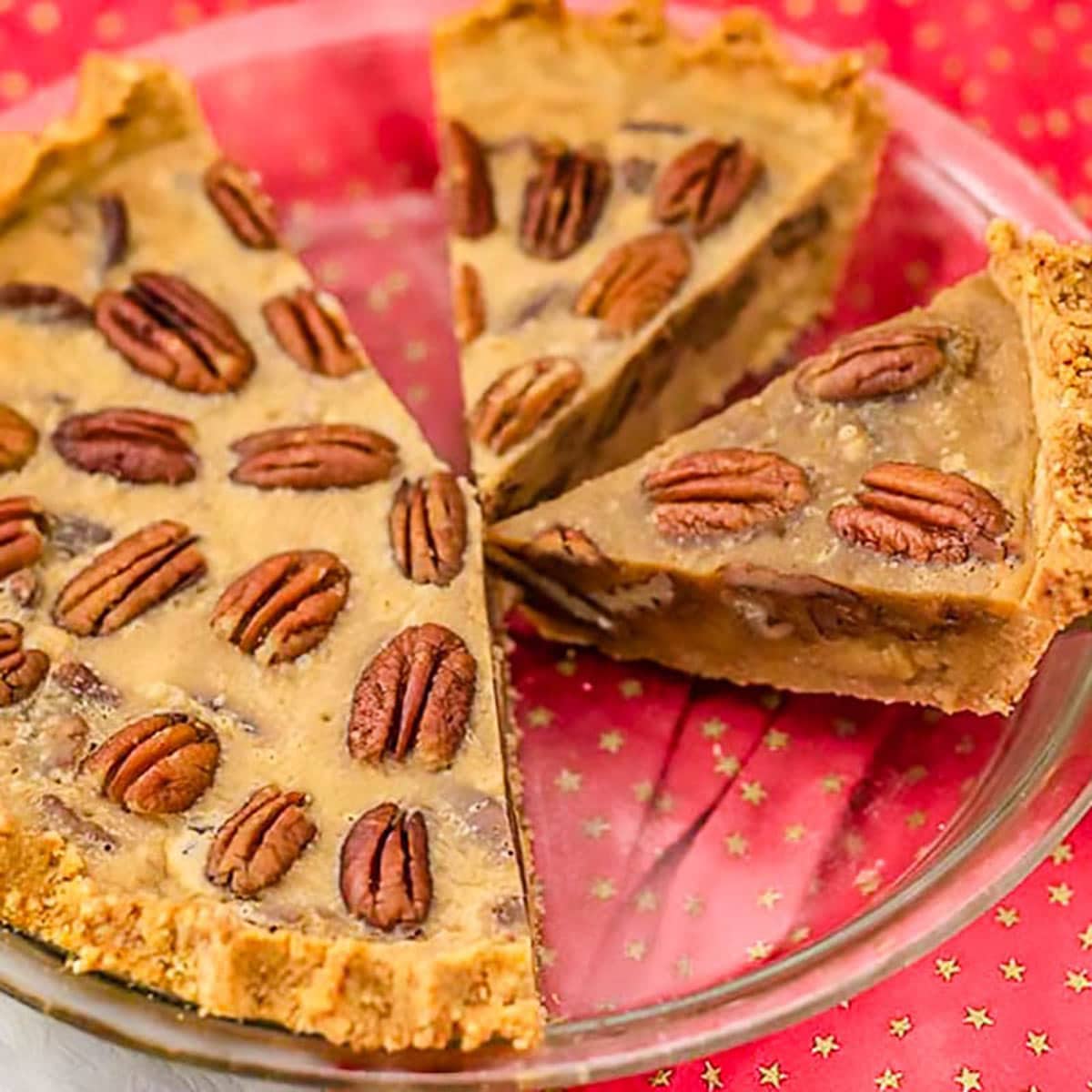 Keto pecan pie for Thanksgiving in a pie dish.