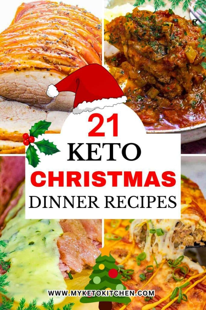 Four images of keto Christmas recipes. Roast pork, lamb shanks, casserole and corned beef.