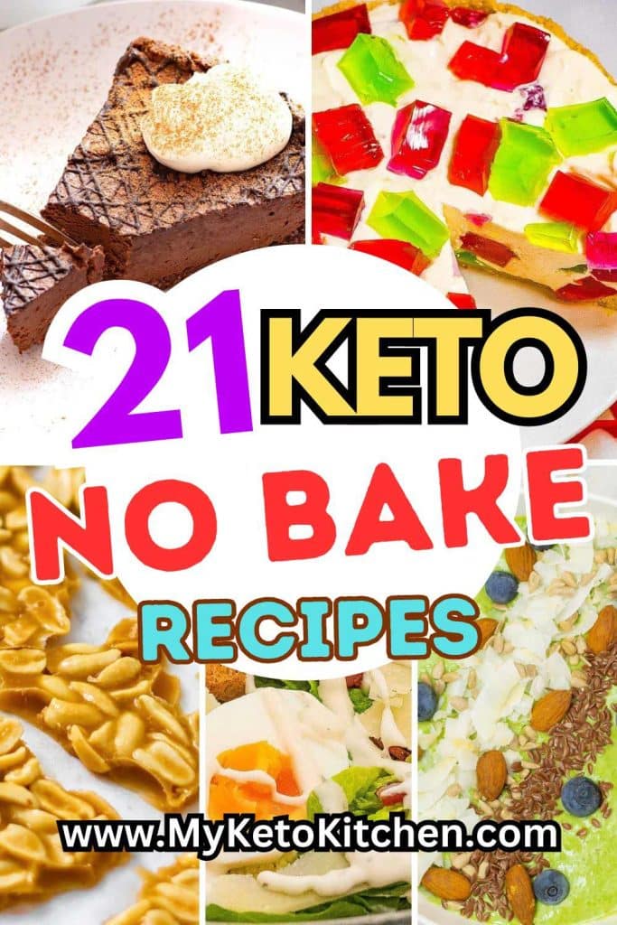 Five keto no-bake recipes. Chocolate cake, cheesecake, peanut brittle, salad, and smoothie bowl.