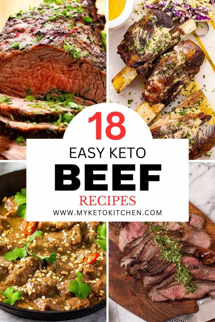 Four images of keto beef recipes. Brazilian steak, beef ribs, beef tri-tip, and beef stew.