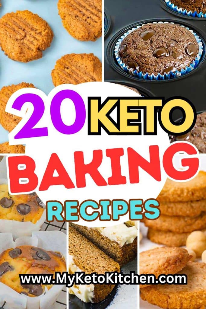 Five images of keto baking recipes. Chocolate muffins, choc chip muffins, macadamia cookies, ginger cake, and peanut butter cookies.