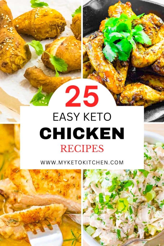 Four images of keto chicken recipes. Fried chicken wings, chicken drumsticks, chicken salad and garlic chicken thighs.