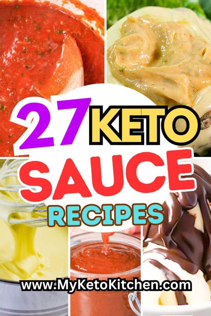 Five images of keto sauces. Pizza sauce, burger sauce, chocolate sauce, caramel sauce, and cheese sauce.