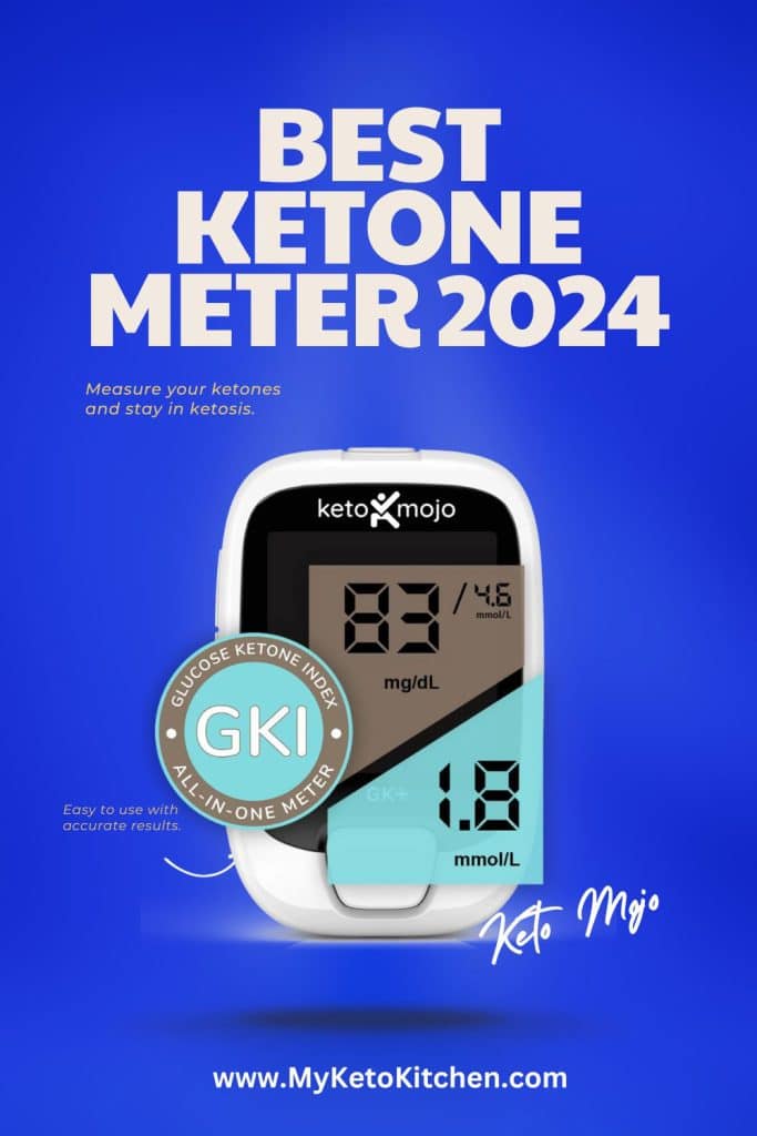 Best ketone meter 2024 on a blue background with an image of a Keto Mojo ketone meter.