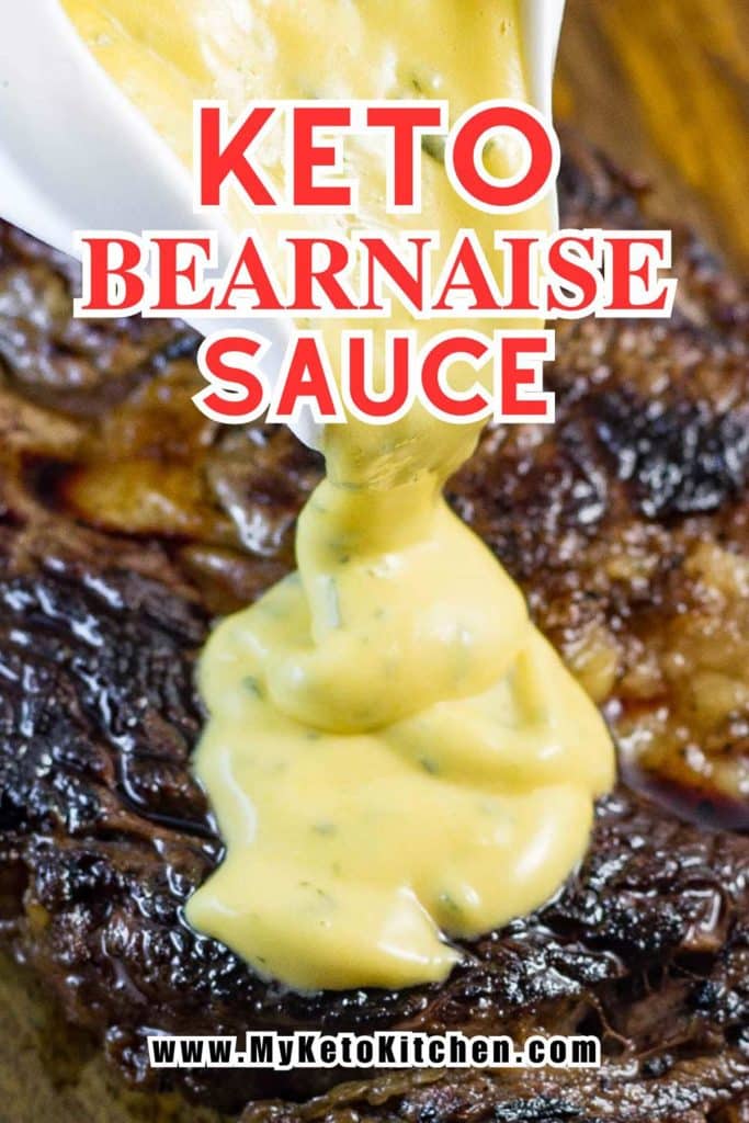 Keto bearnaise sauce being poured over a steak from a white sauce pourer.