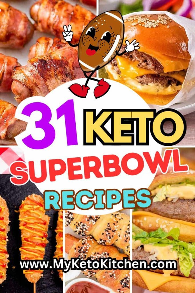 Five images of keto Superbowl recipes. Cheese burger, big mac, bagel dogs, corn dogs and pigs in a blanket.