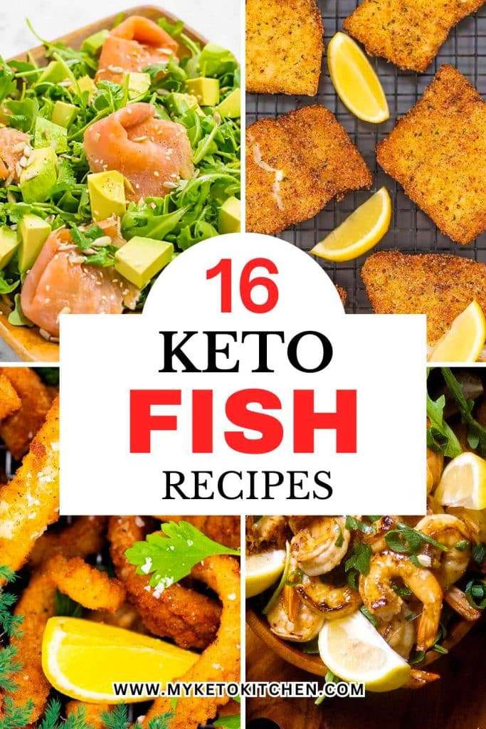 Four images of keto fish recipes. Battered fish, keto squid, keto salmon salad and garlic shrimp.