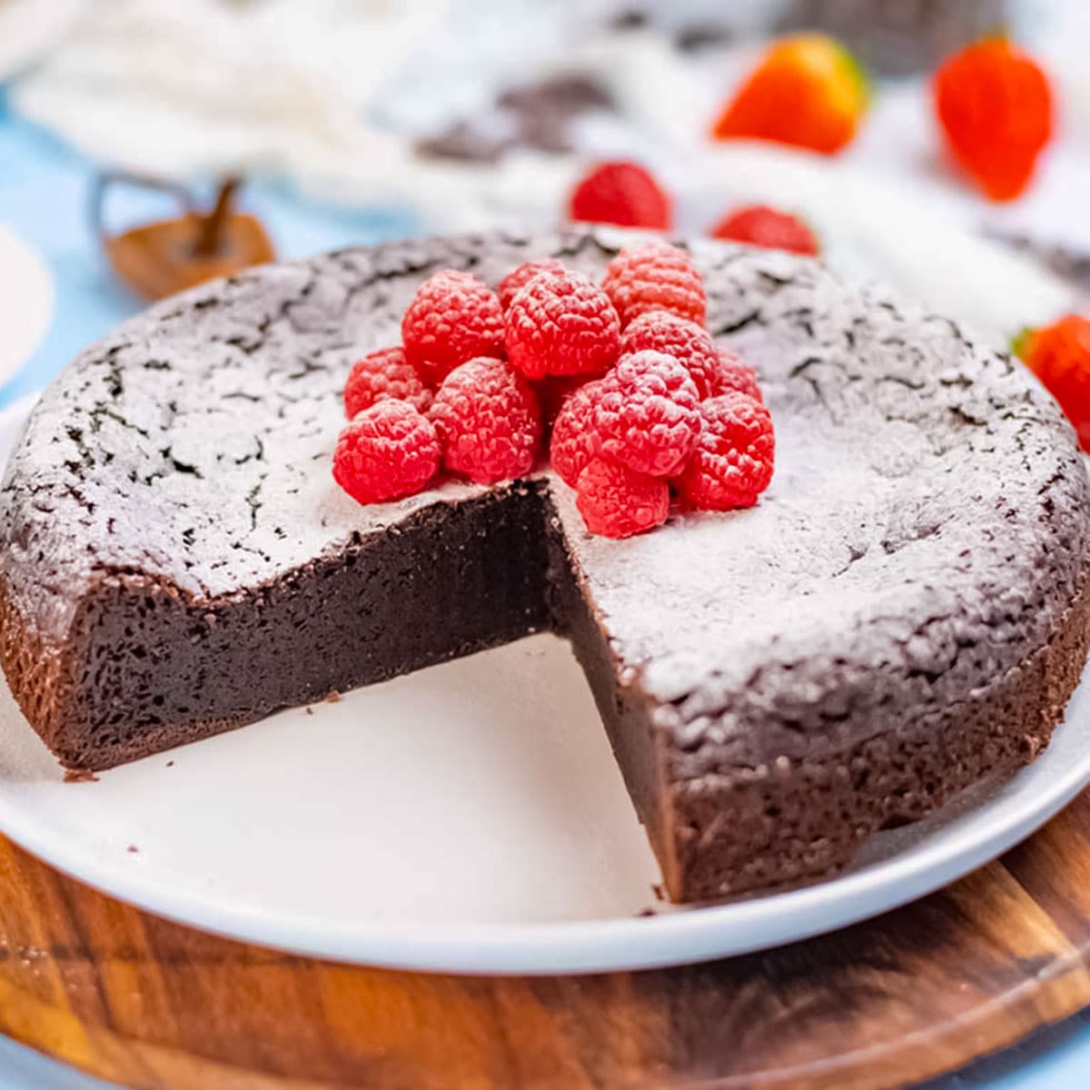 keto Easter chocolate cake on a white plate.