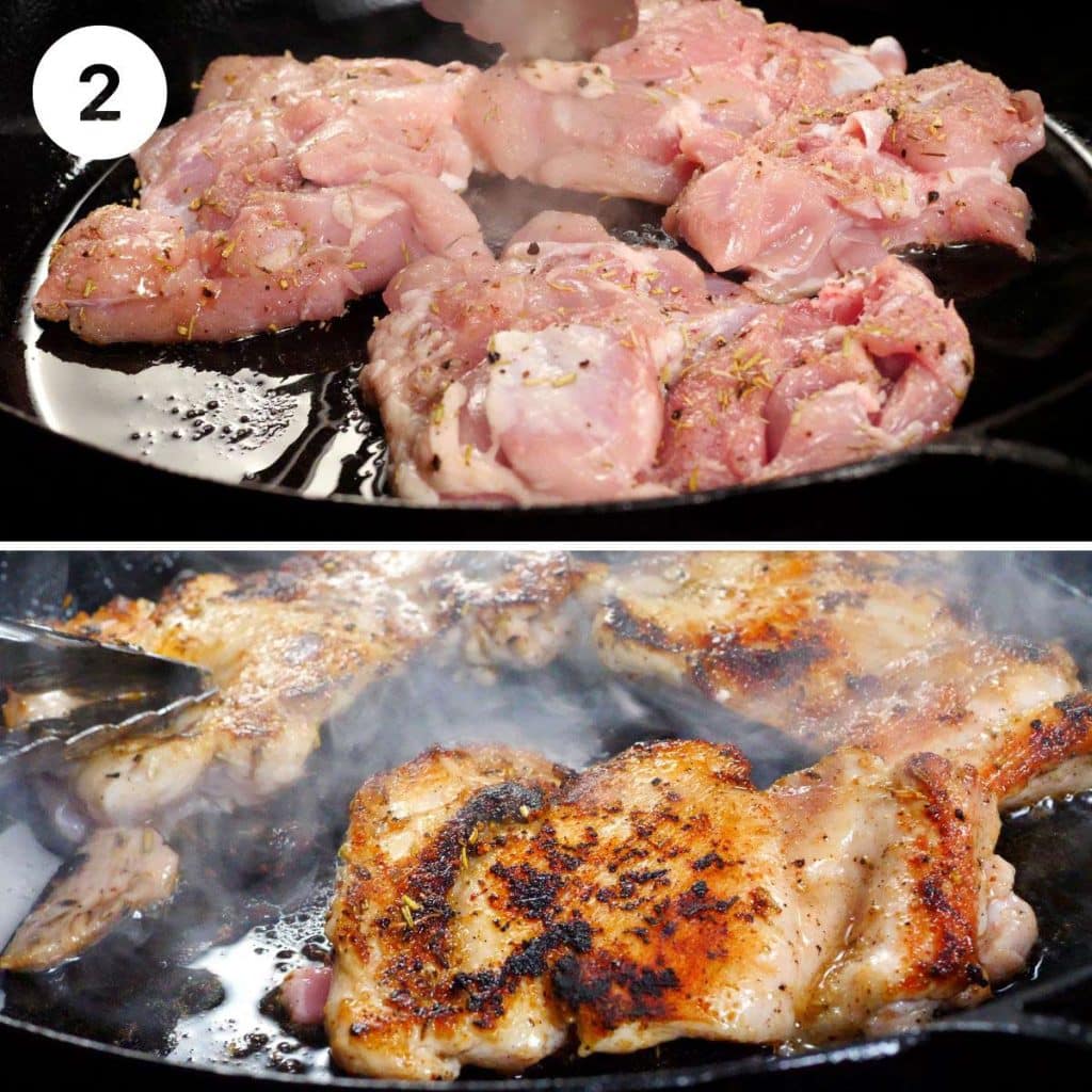 Searing chicken thighs in a frying pan.