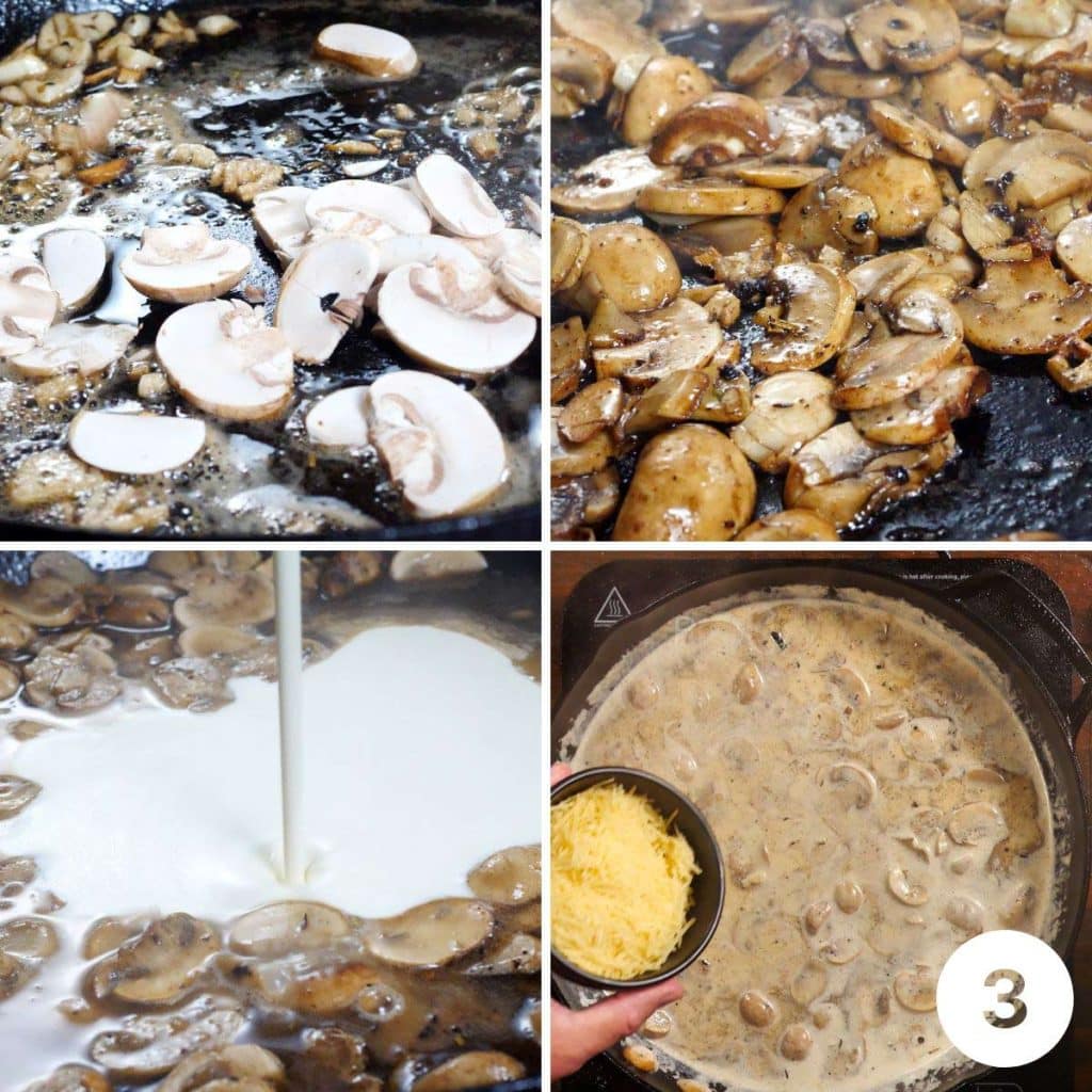 Garlic, mushrooms, cream and cheese sauce being cooked in a frying pan.