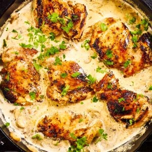 Chicken thighs in a mushroom and garlic sauce in a cast iron pan.